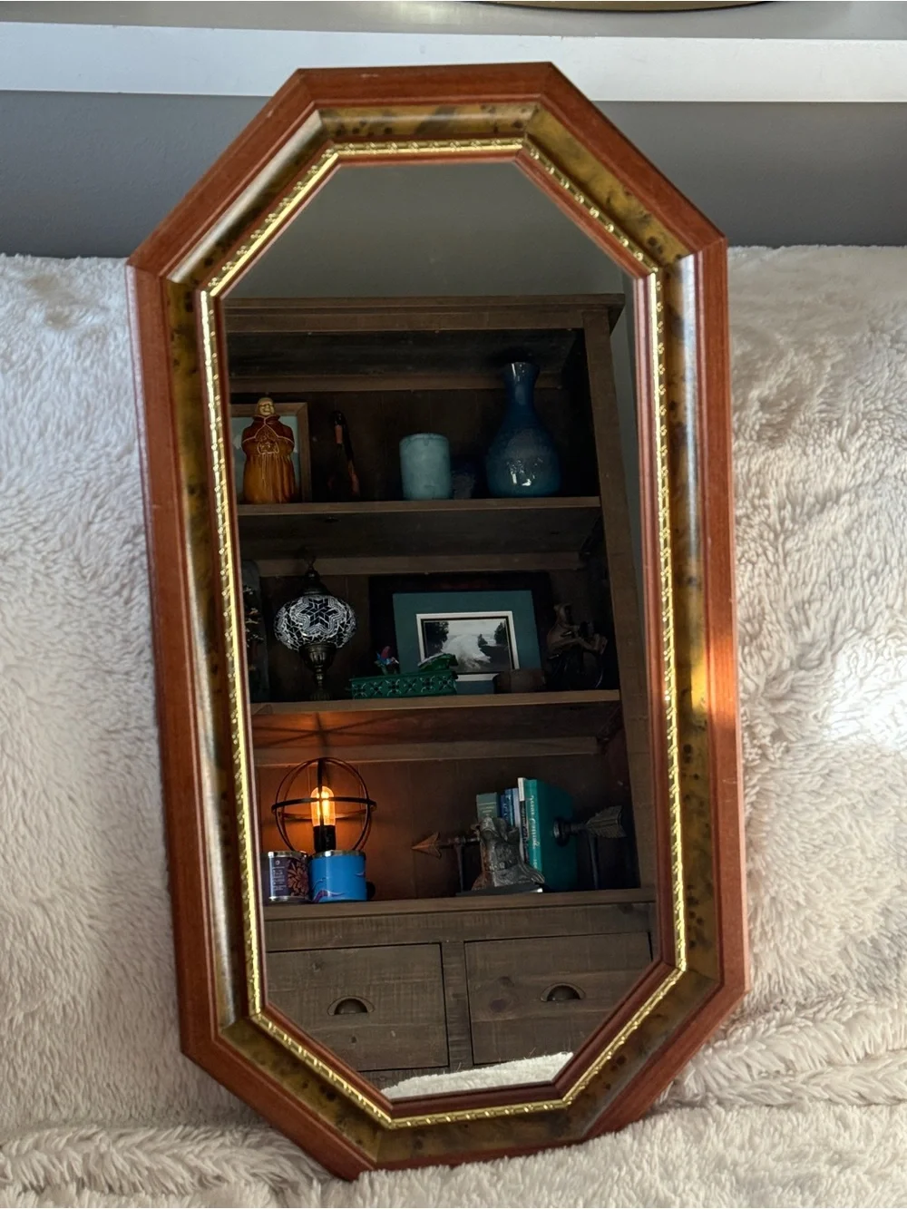 VTG Home Interiors Beveled Wall Mirror Octagon Wood Frame USA 80s Gallery MCM